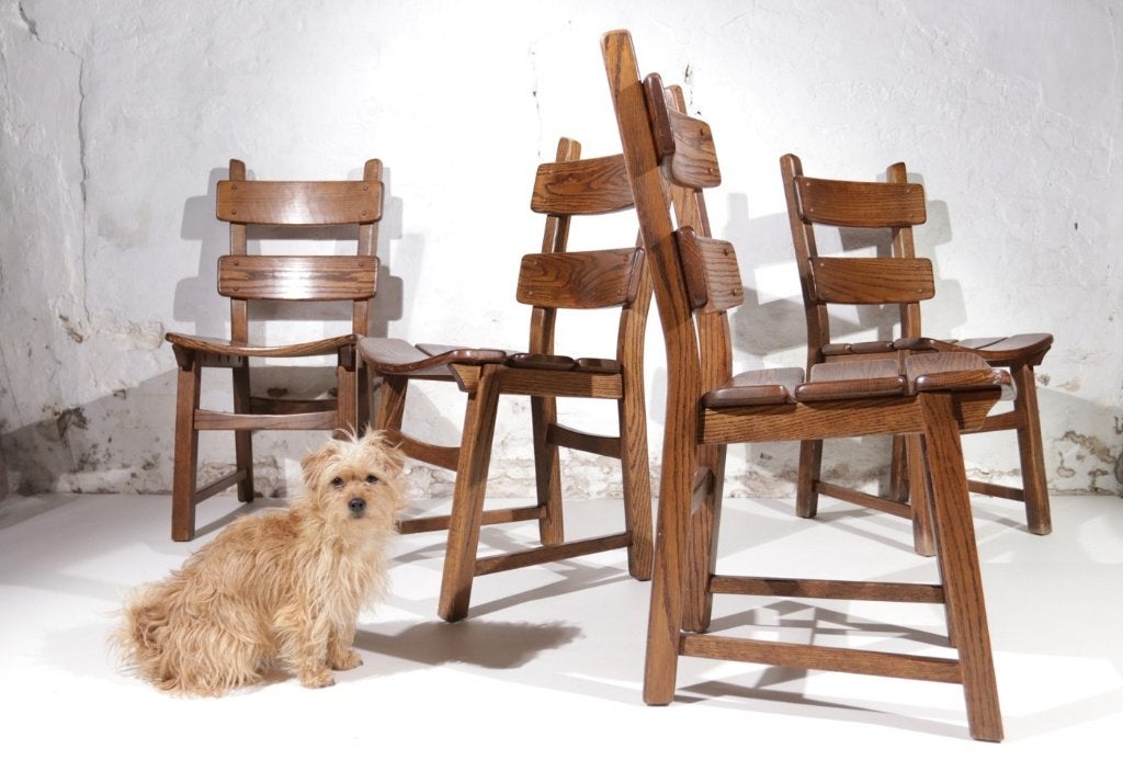 Set van 4 brutalist eiken ladderback stoelen - jaren 70, Huis en Inrichting, Ophalen, Brutalist, jaren 70, Gebruikt, Bruin