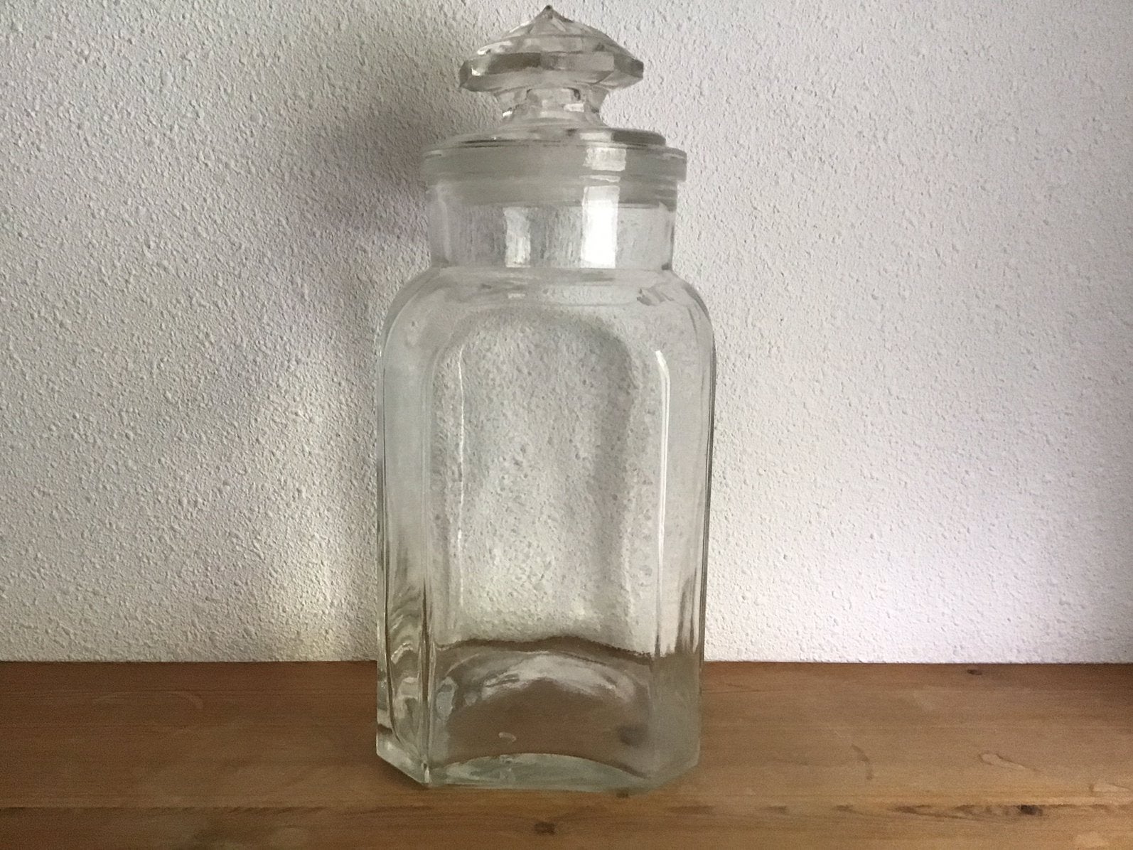 Oude glazen snoeppot, grutterspot vierkant met stop., Ophalen of Verzenden, Zo goed als nieuw