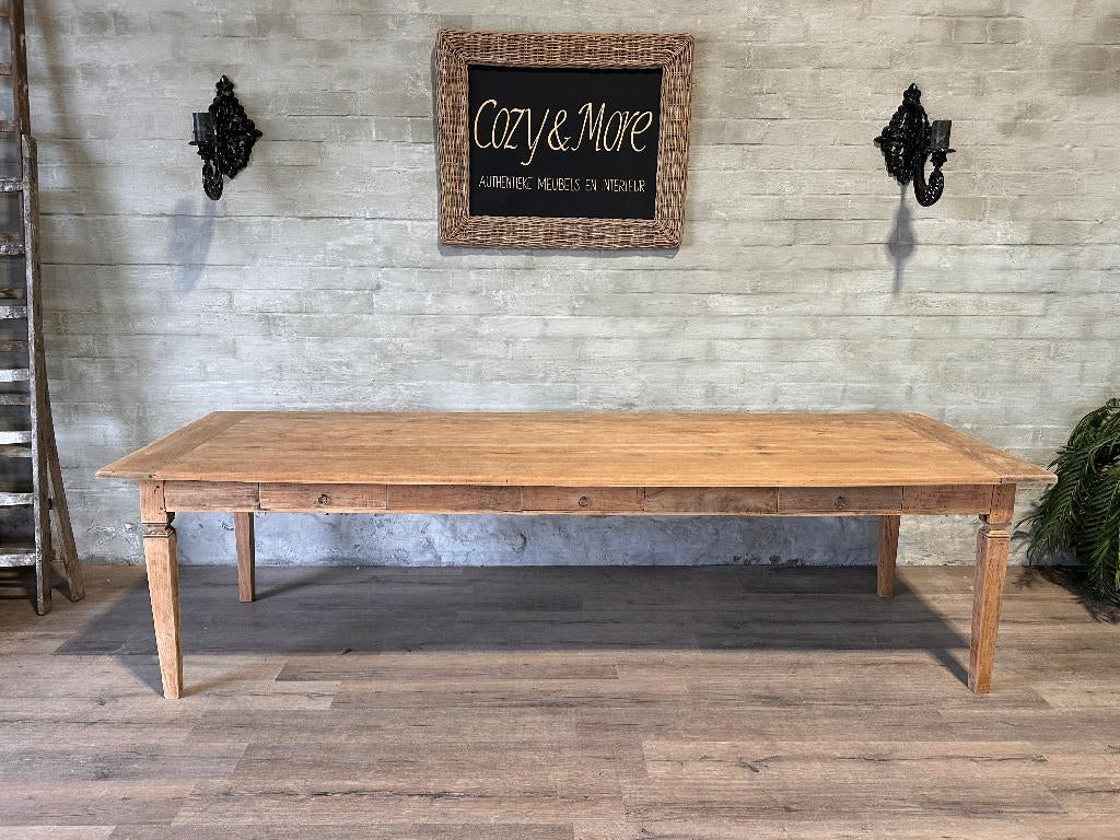Franse antieke boerentafel van 3 meter met 3 lades, Eikenhout, 200 cm of meer, Vijf personen of meer, Rechthoekig