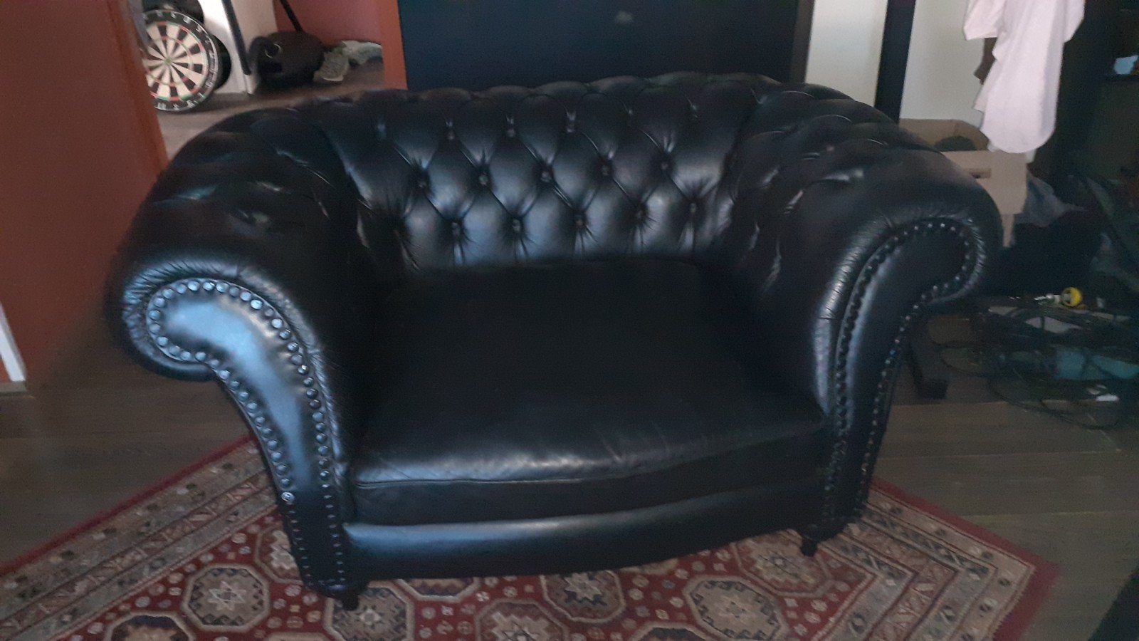 Chesterfield fauteuil, zwart leer, Huis en Inrichting, Ophalen, Gebruikt, Chesterfield, 75 tot 100 cm