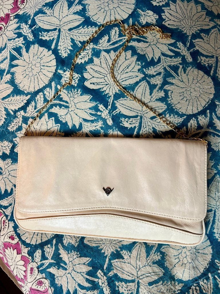 Vintage kalfsleren leren clutch schoudertasje design tasje, Ophalen of Verzenden, Zo goed als nieuw, Beige, Schoudertasje