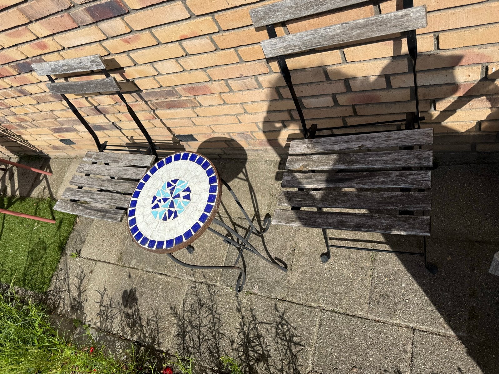 Bistroset met Mozaïektafel en Houten Stoelen, 2 zitplaatsen, Gebruikt, Eettafel, Ophalen of Verzenden