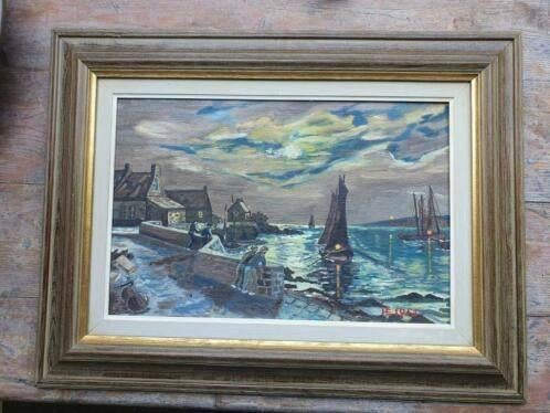 Schilderij Helga Eldvar 1953 Zweden dorpje aan Zee, Antiek en Kunst, Kunst | Schilderijen | Klassiek, Ophalen