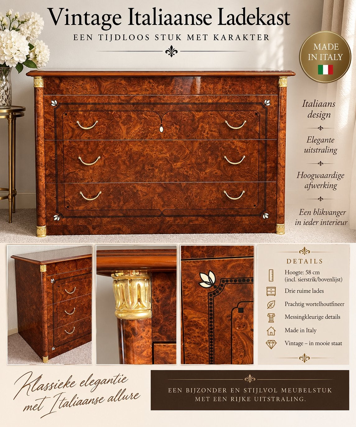 Vintage Italiaanse wortel notenhouten (Burl wood) ladekast, Ophalen