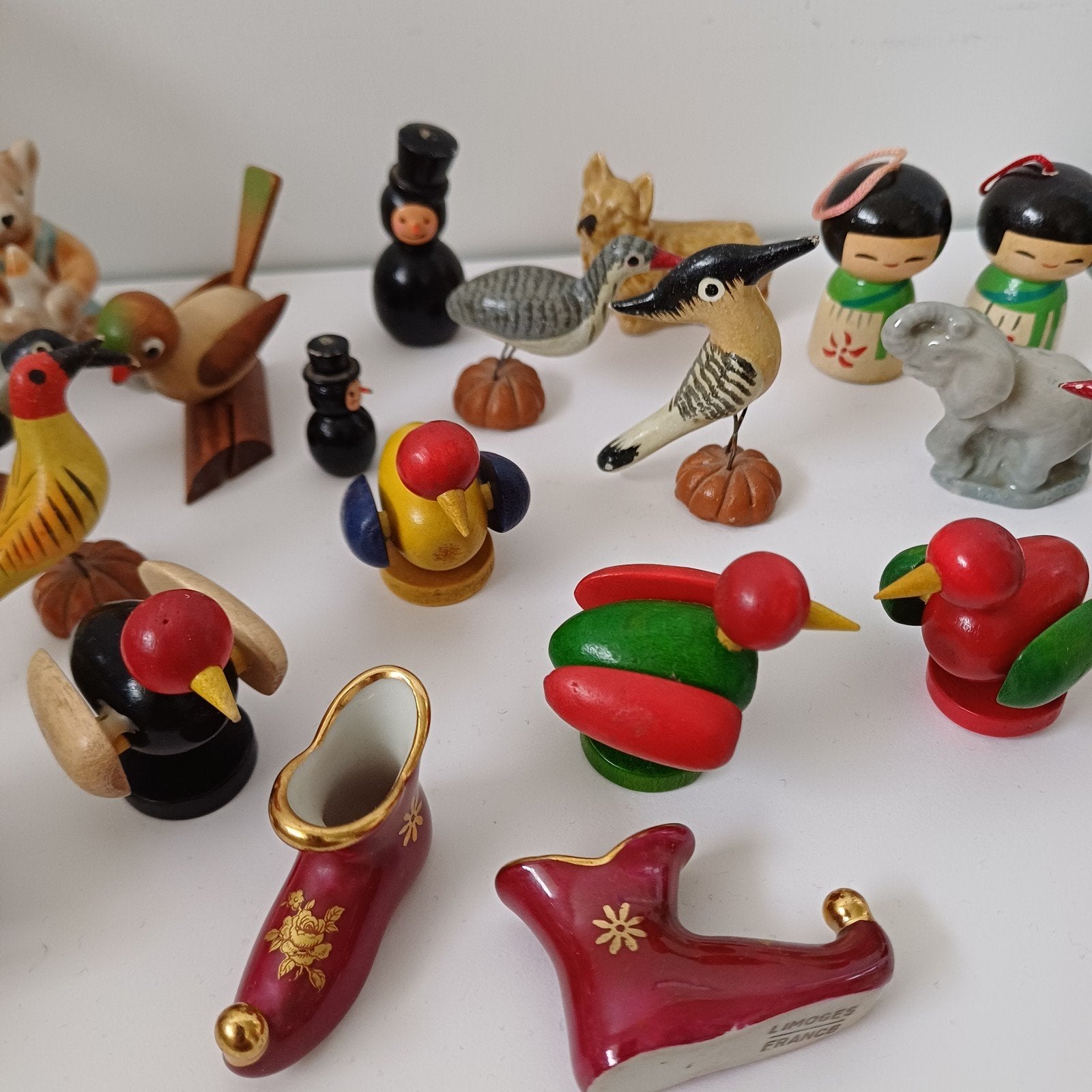 Vintage houten en keramiek beeldjes - vogels en poppetjes, Ophalen of Verzenden, Gebruikt