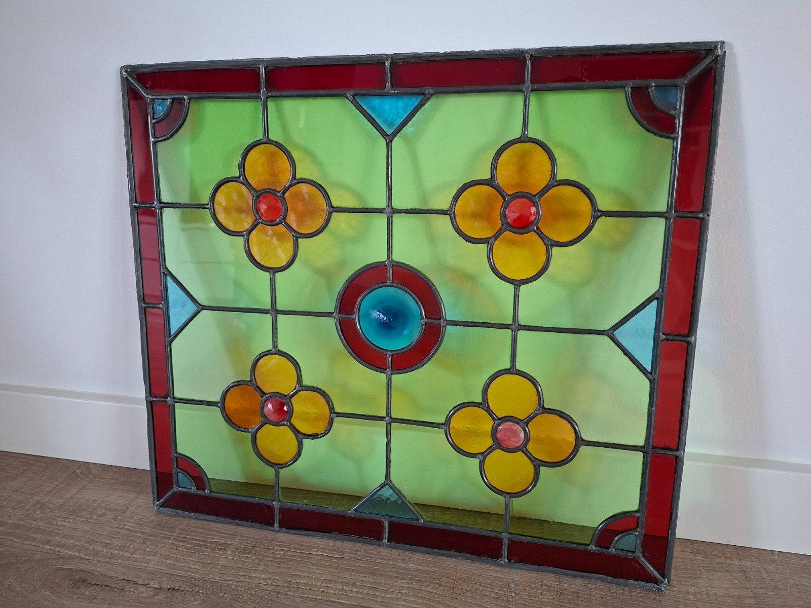 antiek Art Deco jaren 20 glas in Lood raam met apart glas, Gevelraam of Ruit, Minder dan 80 cm, Ophalen of Verzenden, Minder dan 80 cm