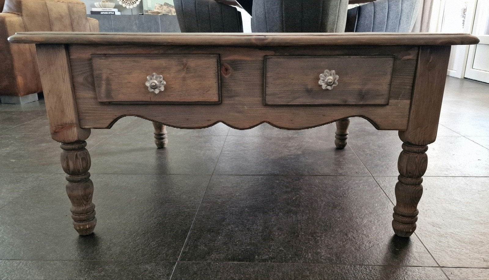 Rustieke grenen salontafel met lades, Ophalen, Gebruikt, 50 tot 100 cm, Vierkant