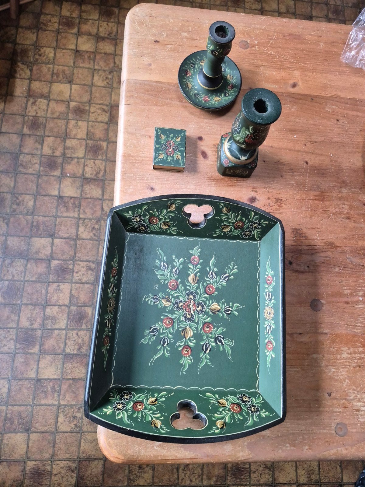 Vintage Handgeschilderd Dienblad en Kandelaars Set, Antiek en Kunst, Ophalen