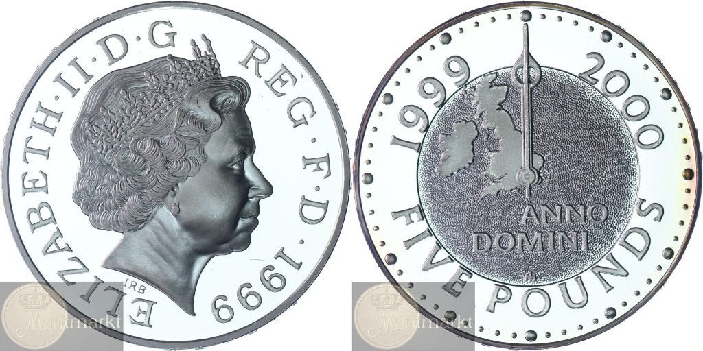 Groot-Brittannië - 5 Pounds 1999-2000 Mille - verguld ZILVER, Ophalen of Verzenden, Overige landen, Losse munt, Zilver