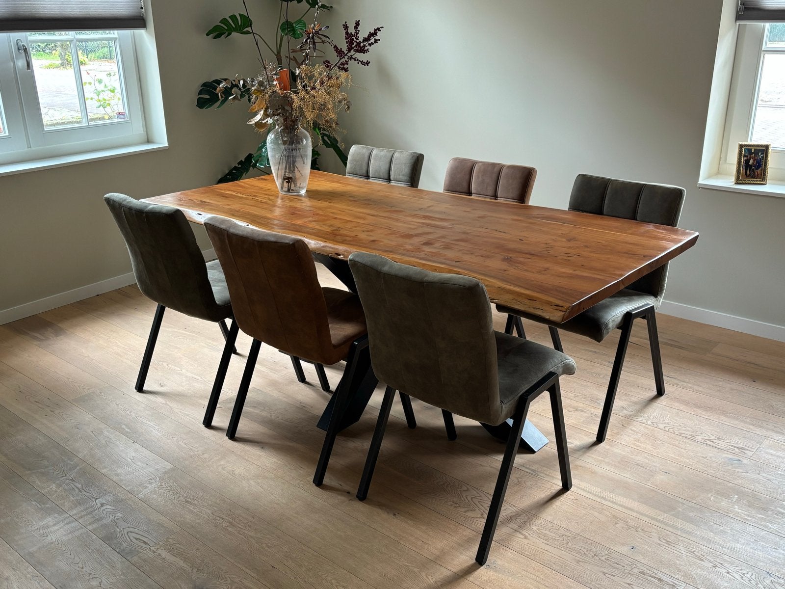 Boomstamtafel 2m met stoelen van Piet Klerkx, Ophalen, 50 tot 100 cm, Zo goed als nieuw, Vijf personen of meer