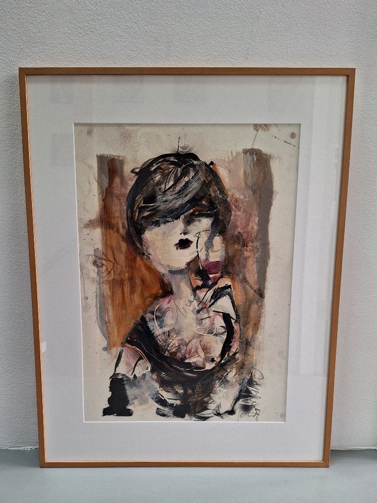 Guy Olivier schilderij dame met wijnglas achter glas 72x92cm, Antiek en Kunst, Ophalen, Passe-partout, Portret