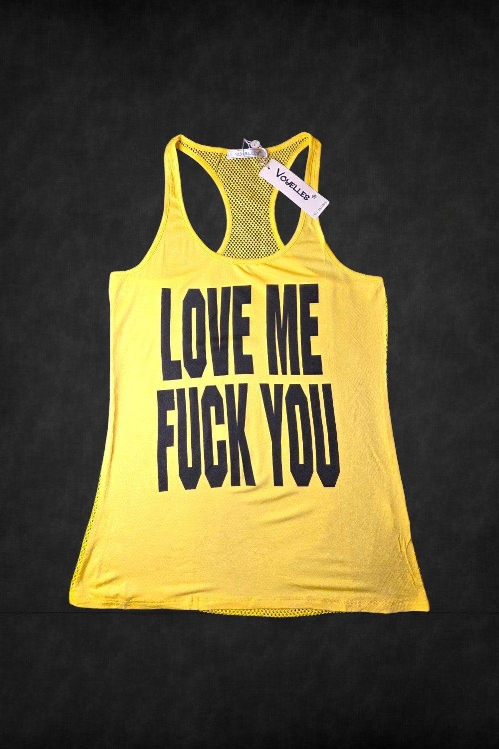 Gele Singlet met Statement Print - love me fuck you, Maat 38/40 (M), Geel, Nieuw, Ophalen of Verzenden