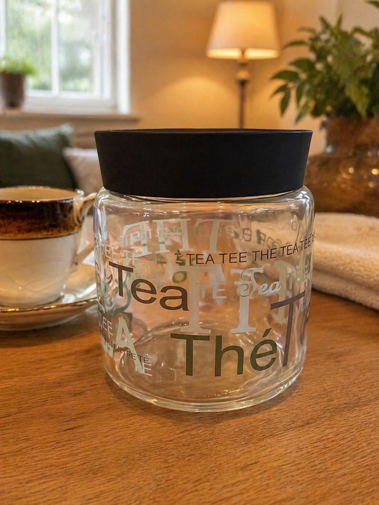 Glazen voorraadpot met 'Tea' opdruk en zwart deksel, Voorraadpot, Ophalen of Verzenden, Glas, Overige merken