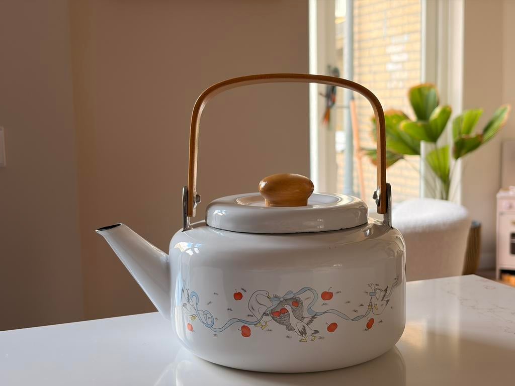 Retro Opal Duck geëmailleerde fluitketel in originele doos, Huis en Inrichting, Overige materialen, Overige typen, Ophalen of Verzenden