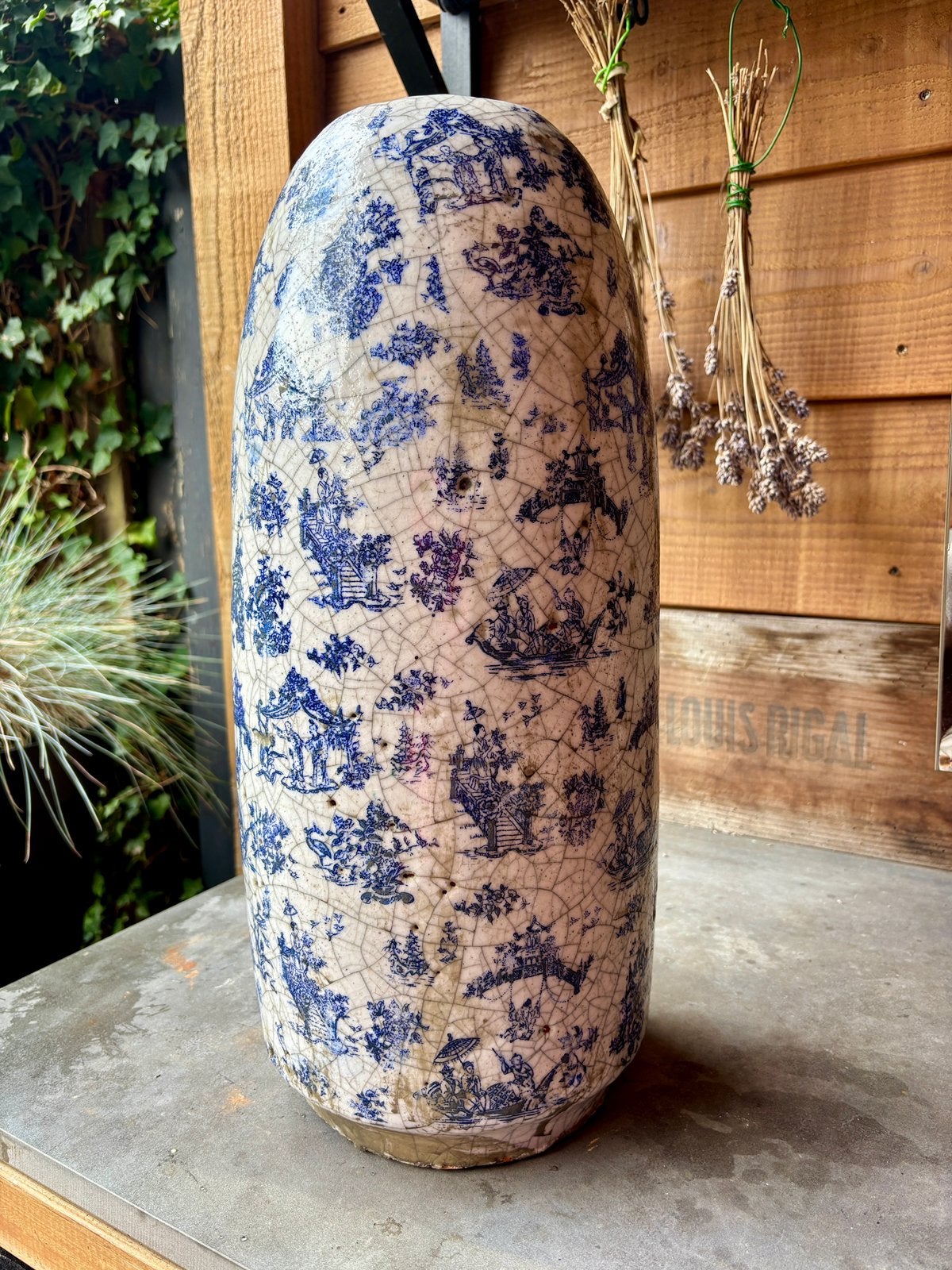 XL Blauw-Witte Chinoiserie Craquelé Vaas 49cm (Macau Stijl), Ophalen of Verzenden
