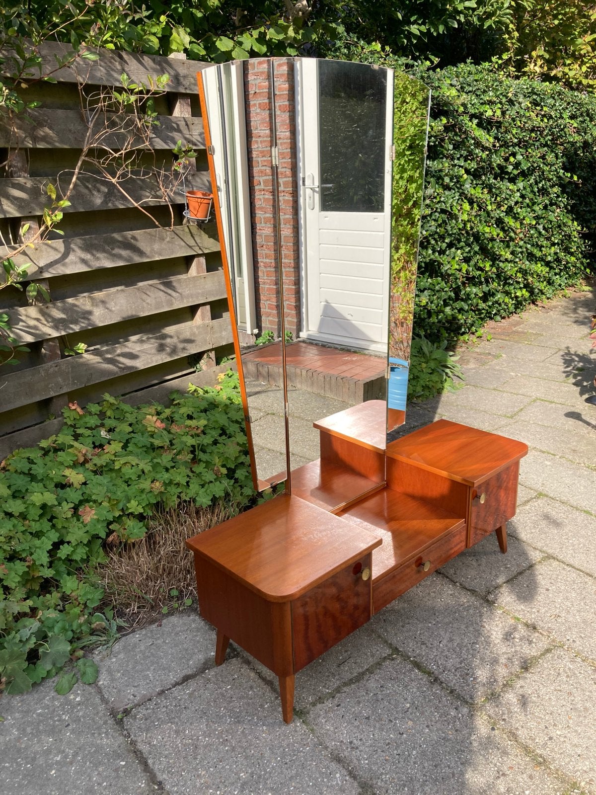Vintage jaren 60-70 kaptafel met drieluik spiegel, Ophalen