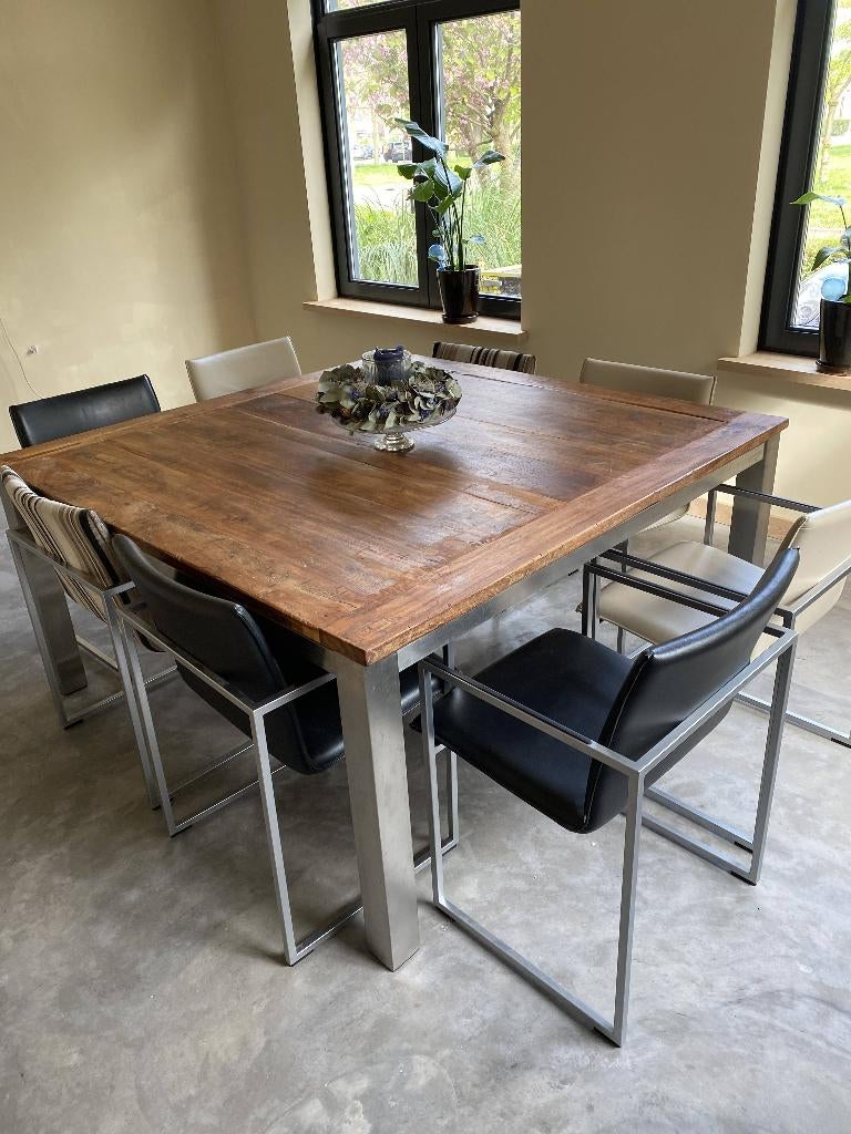 Eettafel 160x160 RVS onderstel, Huis en Inrichting, Tafels | Eettafels, Ophalen, 150 tot 200 cm, 200 cm of meer, Zo goed als nieuw