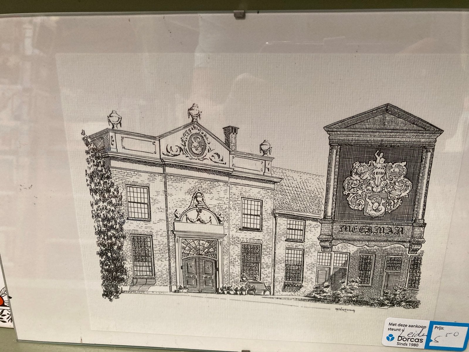 Geveltekening Hof Meermansburg, Leiden (1681), Ophalen of Verzenden, Tekening, Print/reproductie, Achter glas