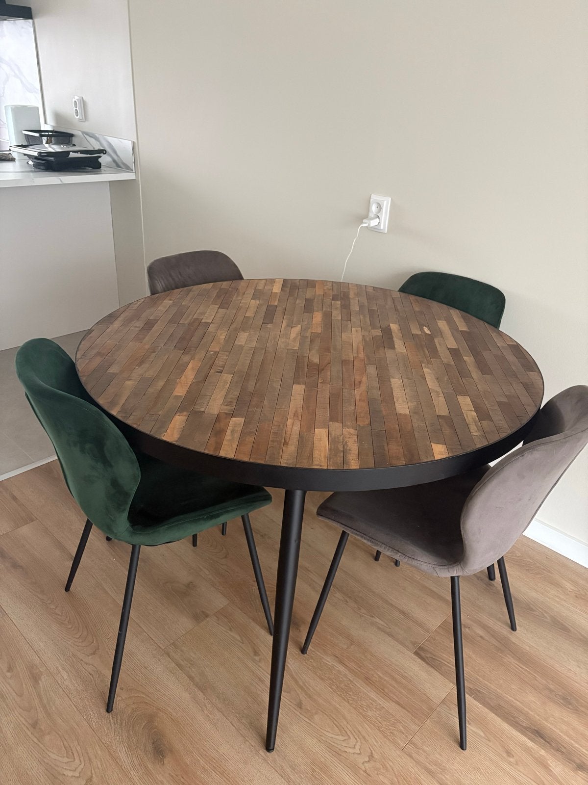 Ronde eettafel met houten blad en metalen poten, Huis en Inrichting, Ophalen, Gebruikt, 100 tot 150 cm, Rond