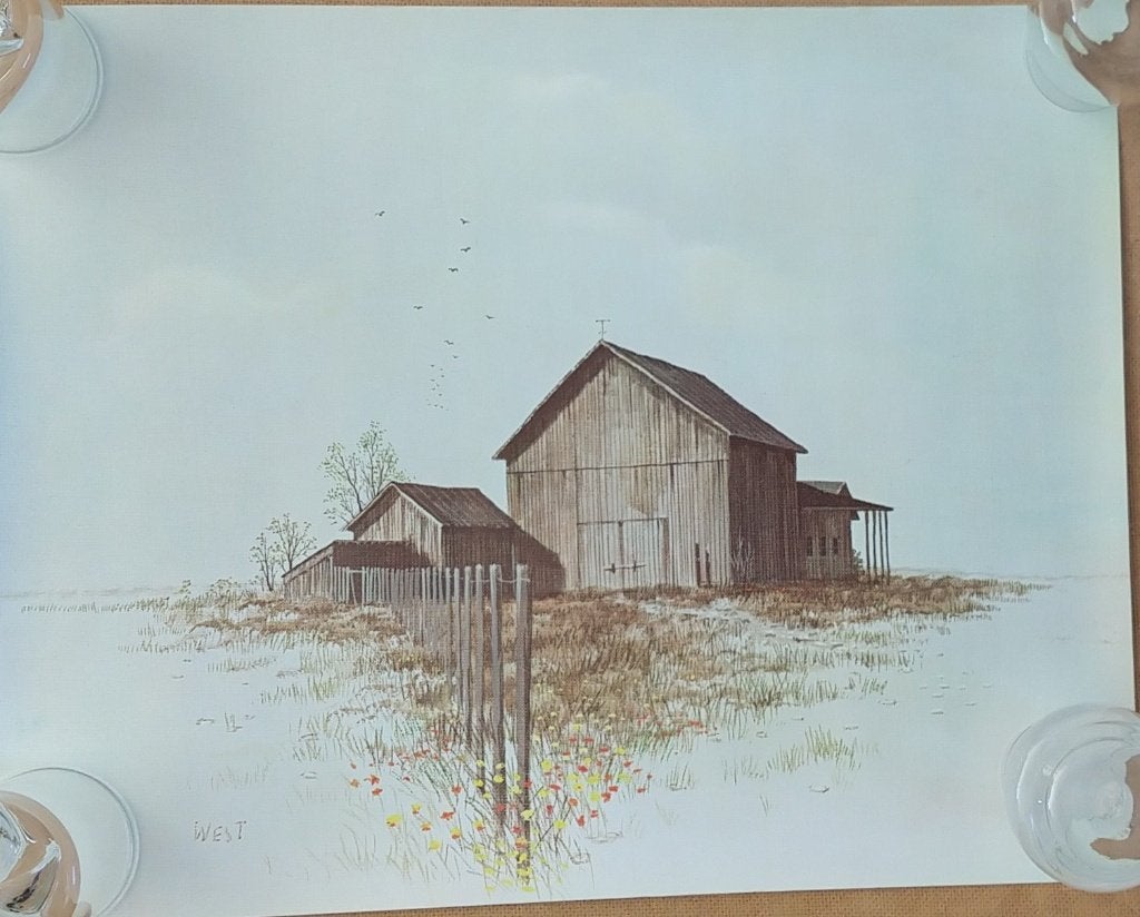 litho vintage 1970's West Barn Scene, volgnr 268, Gesigneerd, Ophalen of Verzenden, Landschappen, Lithografie