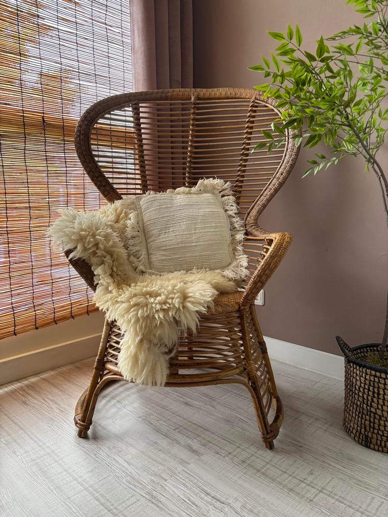 XL vintage rotan pauwstoel fauteuil stoel bohemian, Overige materialen, Gebruikt, Bruin, Ophalen of Verzenden