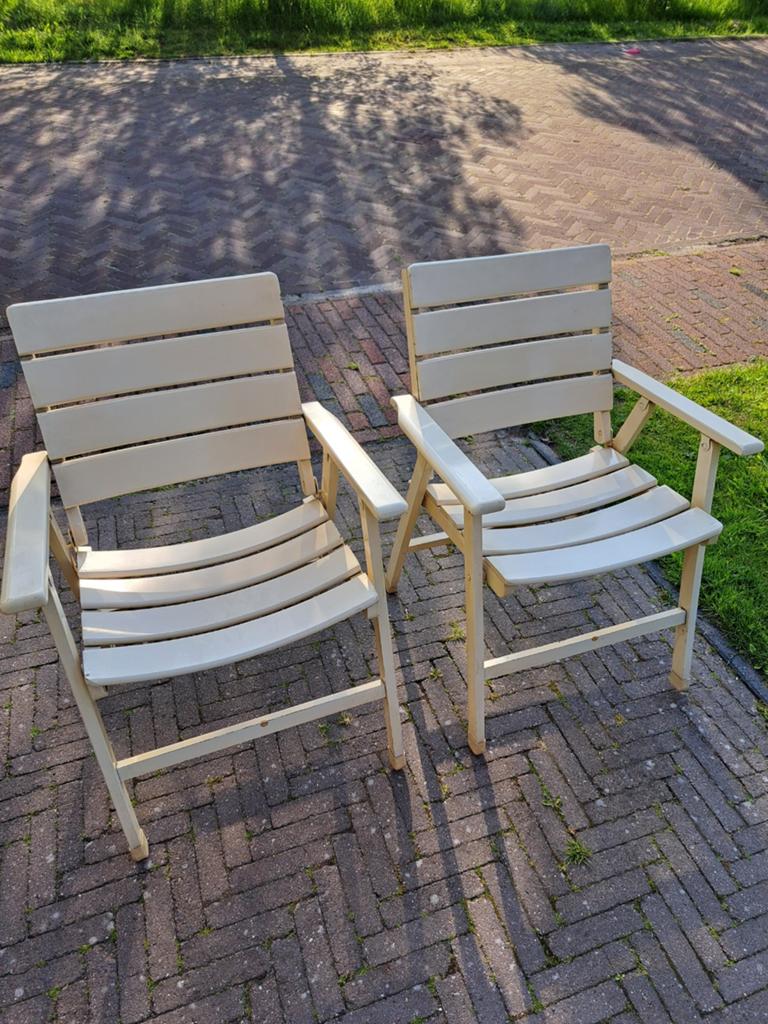 Twee Vintage houten klapstoelen (Herlag/Fratelli Reguitti), Tuin en Terras, Tuinstoelen, Ophalen, Hout