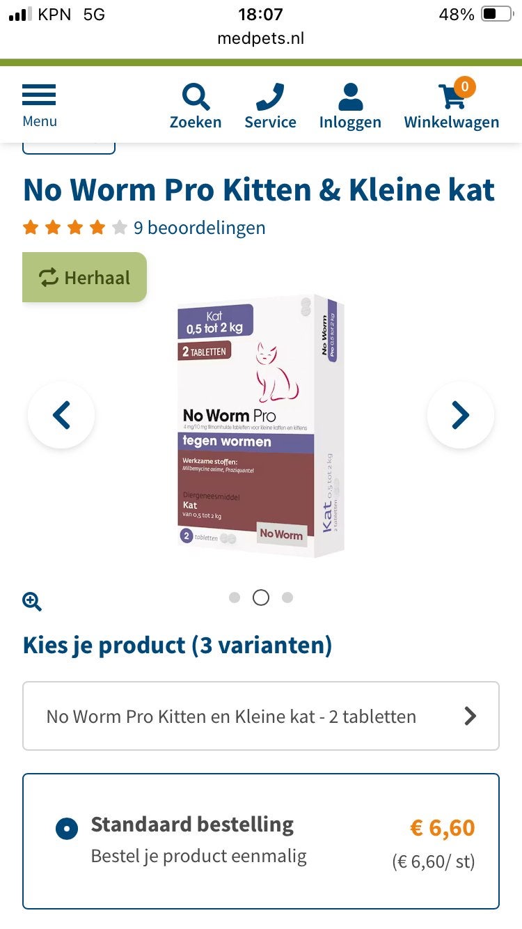No worm 0-2kg ( 2 tabletten), Ophalen of Verzenden