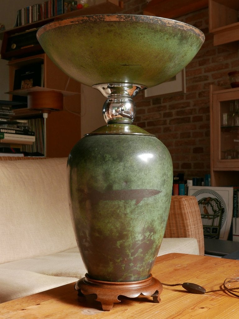 Lamp van WMF met 'snoeken-decor', Gebruikt, Groen, E27 (groot), 56 cm