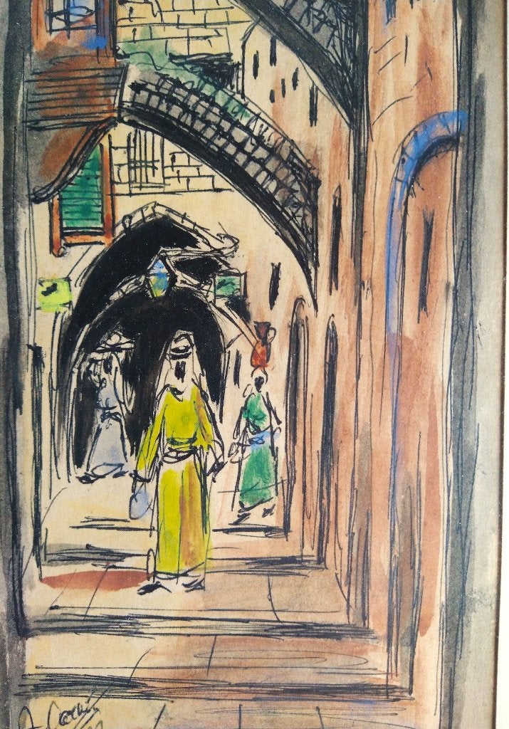 Aquarel Jerusalem via Dolorosa - J Carmi - 1977, Gedateerd, Realistisch, Ophalen of Verzenden, Gemengde techniek