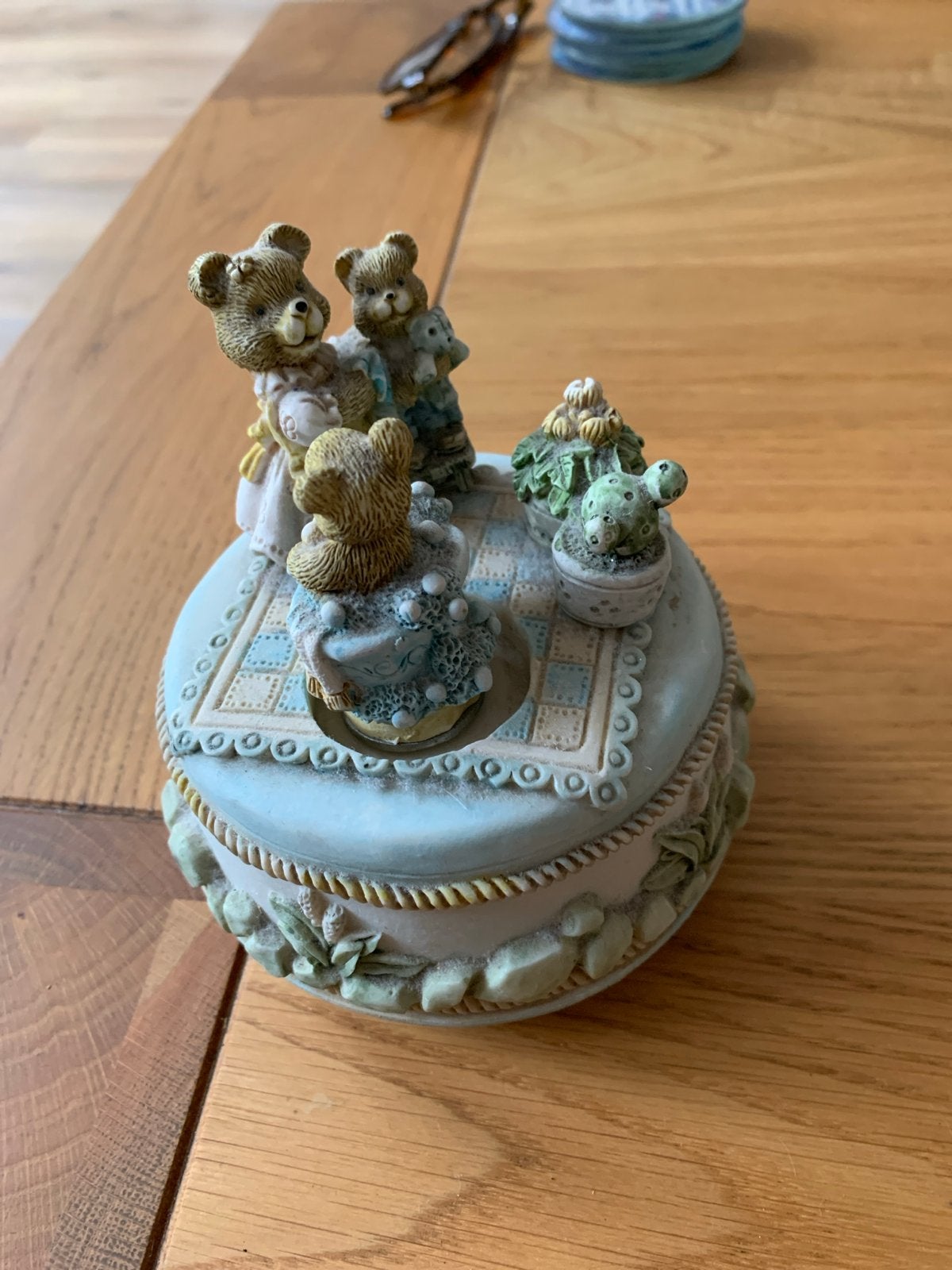 Muziekdoosje met beertjes - Vintage decoratie, Vintage, Gebruikt, Ophalen of Verzenden, Blauw