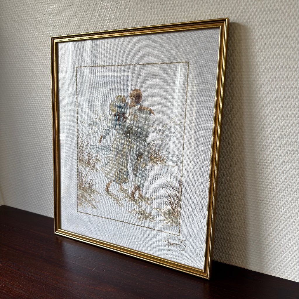 Gebroduurd Schilderij Man Vrouw en Kind op Strand, Vintage, Ophalen