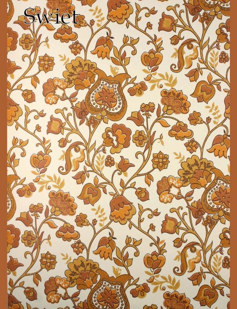 3662 Vintage retro bloemen behang oranje bruin origineel, Ophalen of Verzenden, Bruin
