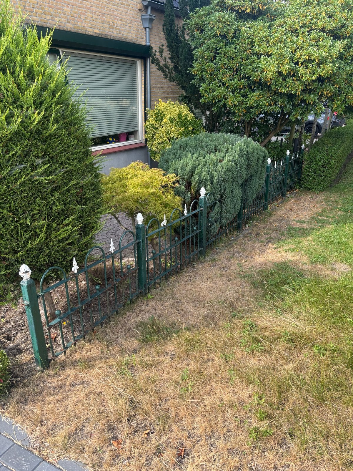 Gebruikt ijzeren hekwerk, groen geverfd met dennenappels, Tuin en Terras, Ophalen, Gebruikt, IJzer, Tuinhek