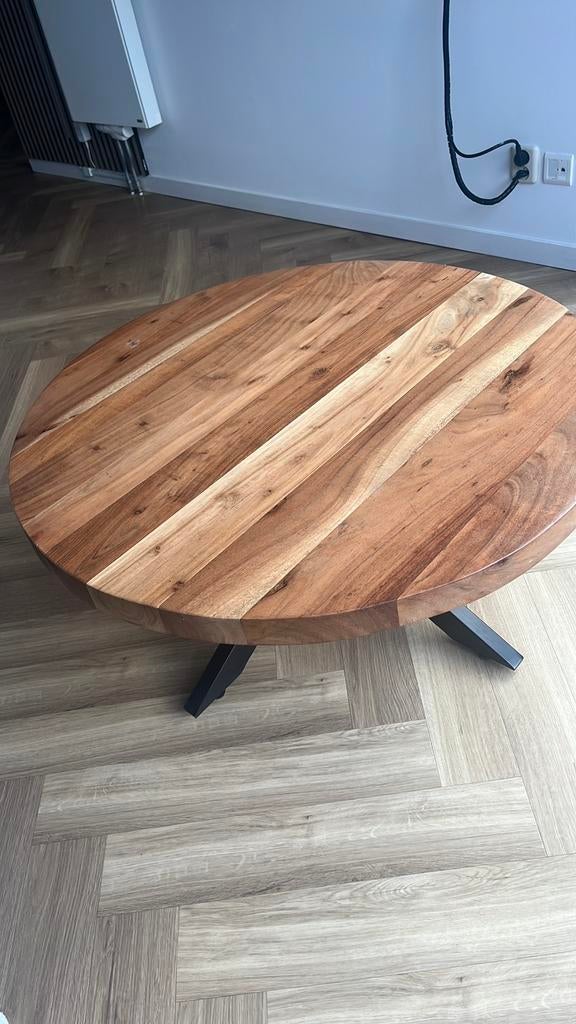 Massief mango houten salontafel 90cm, Ophalen, 50 tot 100 cm, Rond, Zo goed als nieuw