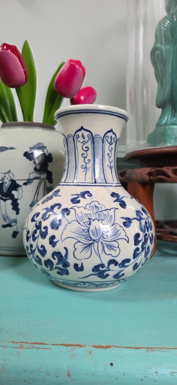 Mooie Chinees blauw witte vaas met bloemmotief, Ophalen of Verzenden