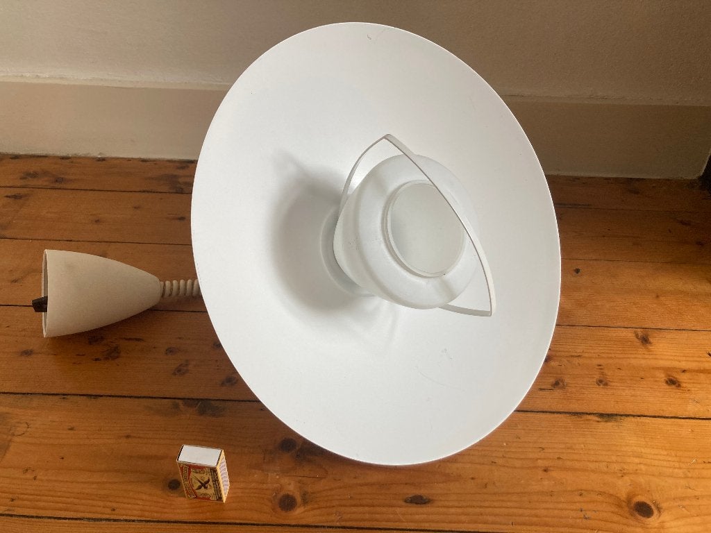 Vintage witte hanglamp met lang omlaag omhoog trekkoord, Ophalen of Verzenden, Gebruikt, Glas, E27 (groot)