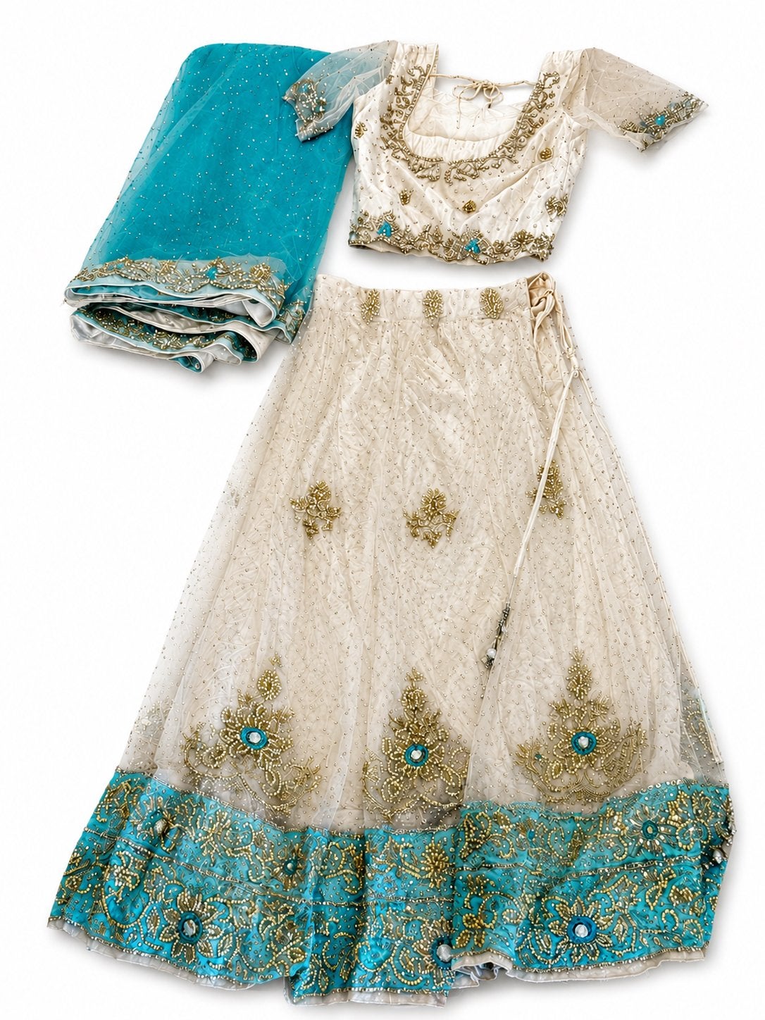 Prachtige Indiase Lehenga Choli met borduurwerk, Ophalen, Beige, Zo goed als nieuw, Maat 36 (S)