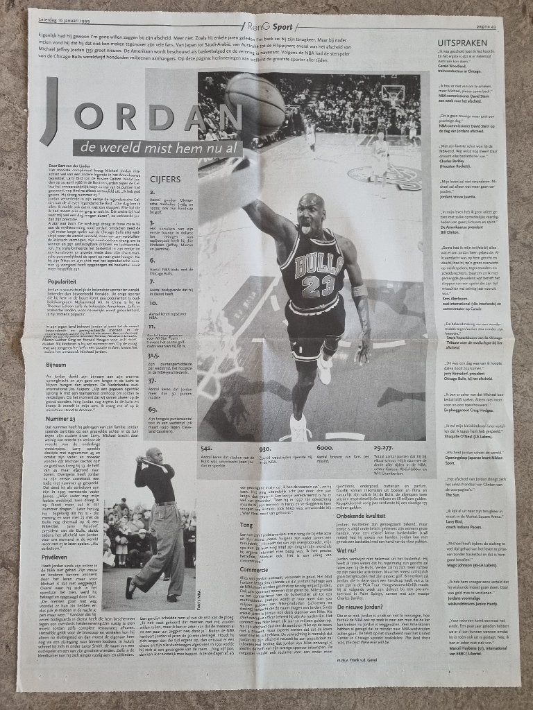 Groot artikel basketballer Michael Jordan (1999), Ophalen of Verzenden, 1980 tot heden, Knipsel(s)