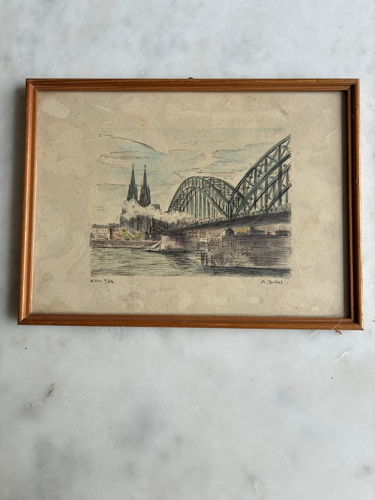 Ets Keulen met Dom en brug, gesigneerd A. Brühl, Ets, Stadsgezicht, Ophalen of Verzenden, Gesigneerd