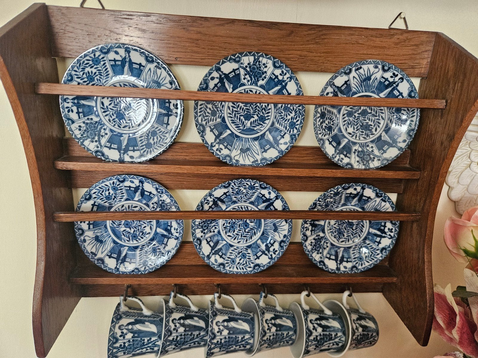 Brocante Delfts Blauw Servies met Houten Rek, Antiek en Kunst, Ophalen