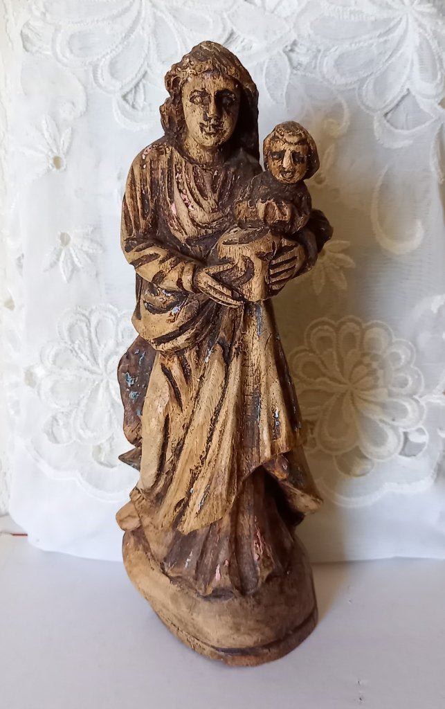 Religieus houten Beeld/Sculptuur Madonna met  kind, Ophalen of Verzenden, Gebruikt, Beeld(je), Christendom | Katholiek