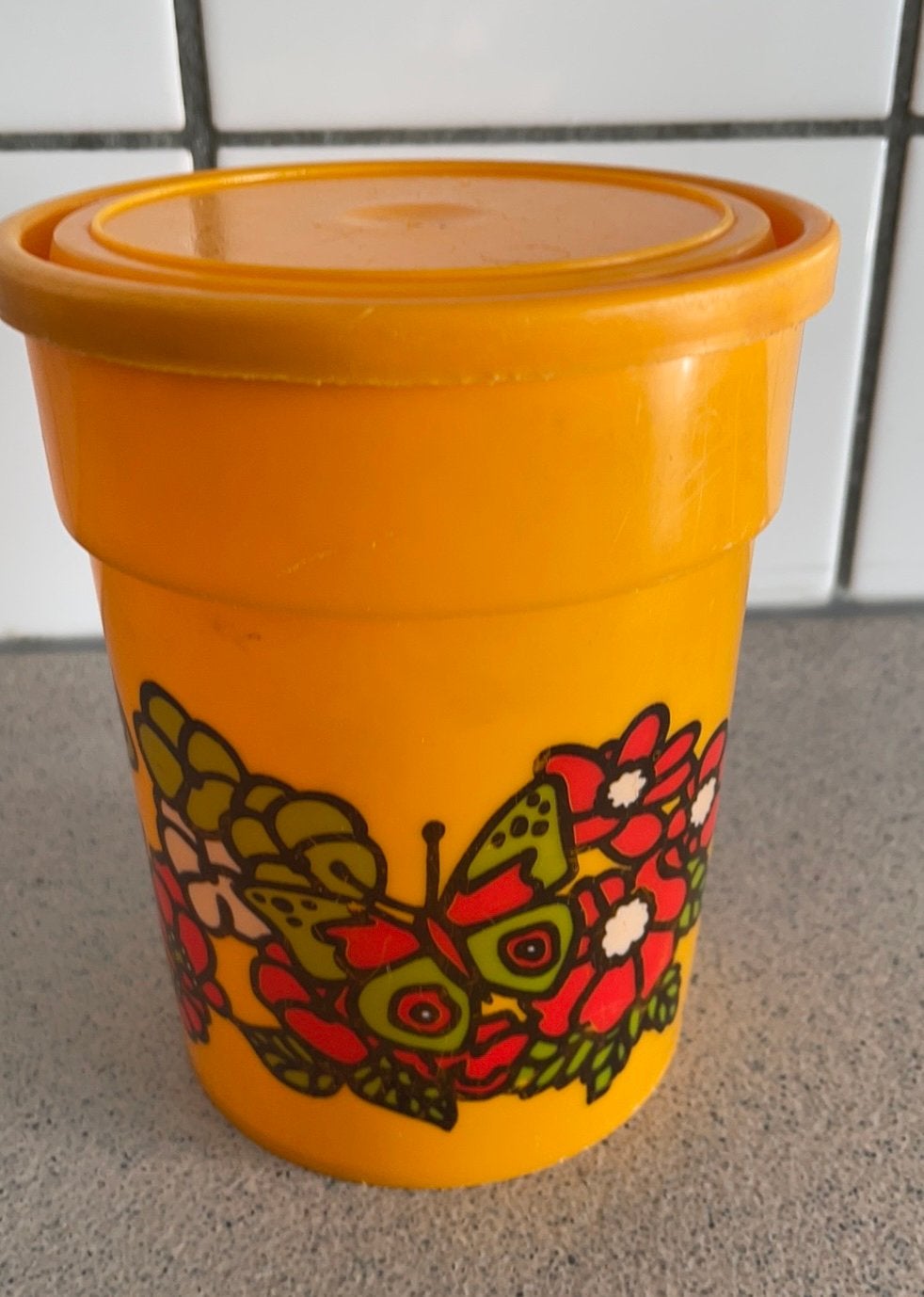 Retro oranje voorraadpot pot bus vlinder bloem, Ophalen of Verzenden, Huis en Inrichting
