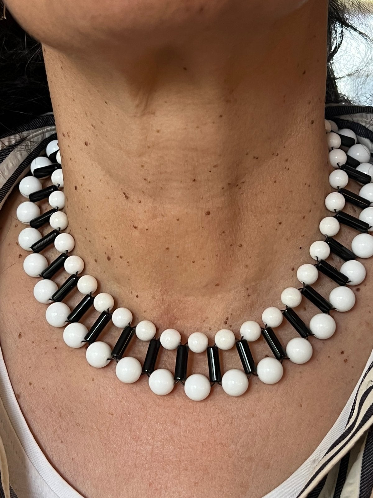 Gehaakte kralenketting keramiek en onyx, Sieraden, Tassen en Uiterlijk, Kettingen, Ophalen of Verzenden, Gebruikt, Zwart, Steen of Mineraal