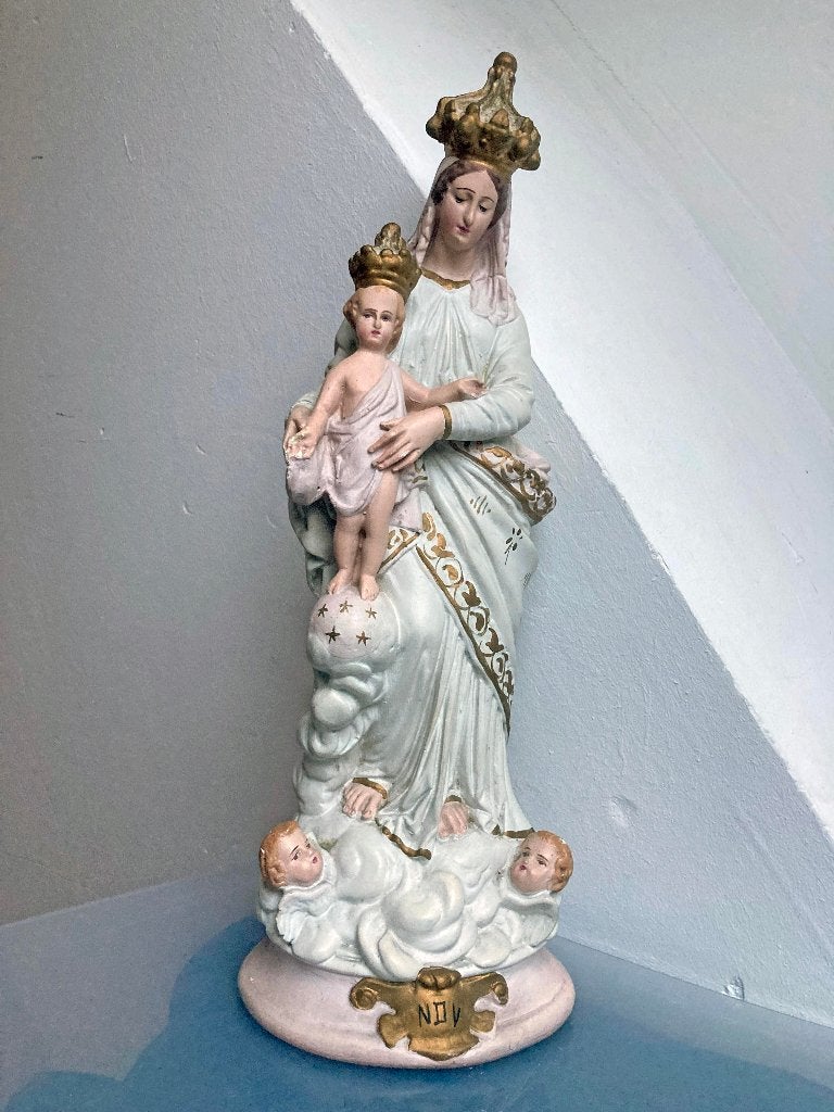 Gipsen beeld van gekroonde Maria met kind en Engelen, Antiek en Kunst, Ophalen