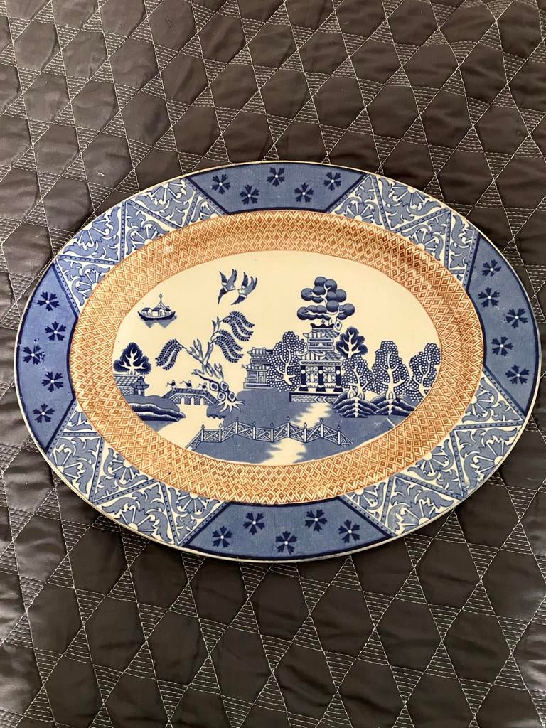 Antieke Manchu serveerschaal blauw 42x33 cm, blauw-wit decor, Ophalen