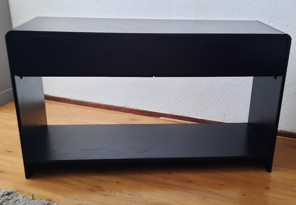 Sidetable zwart met 2 laden en 1 plank,, Ophalen, 100 tot 150 cm, Zo goed als nieuw, 25 tot 50 cm
