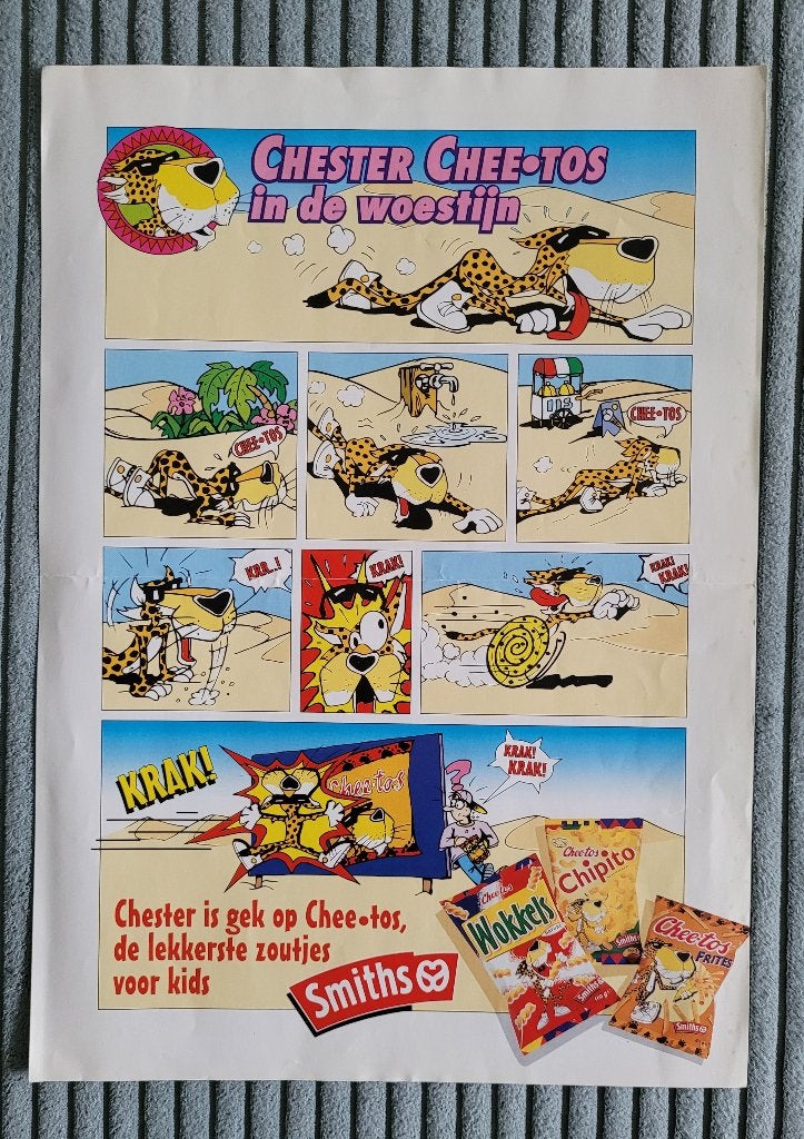 Chester Cheetos in de woestijn, strip op A4, Smiths, Verzamelen, Flippo's, Ophalen of Verzenden, Strip, Map, Album of Poster
