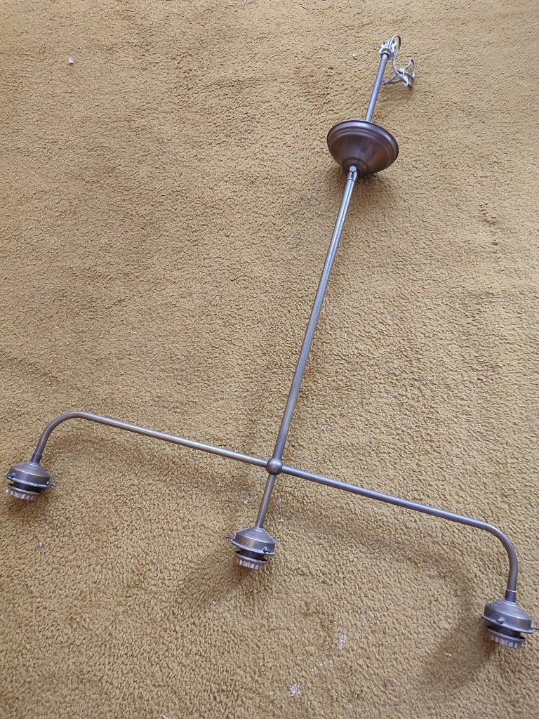 Vintage messing lampenarmatuur met 3 kappen, Ophalen, Gebruikt, Vintage, Industrieel, E27 (groot)