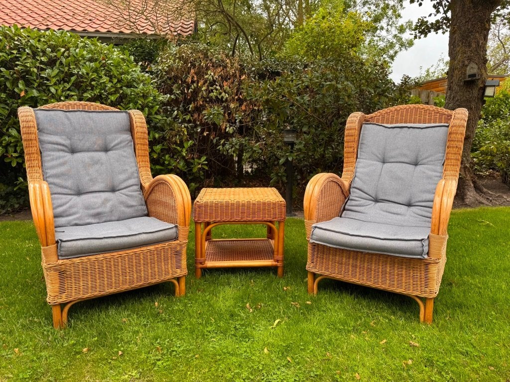 Vintage rotan fauteuils met bijbehorend tafeltje, Antiek en Kunst, Antiek | Meubels | Stoelen en Banken, Ophalen