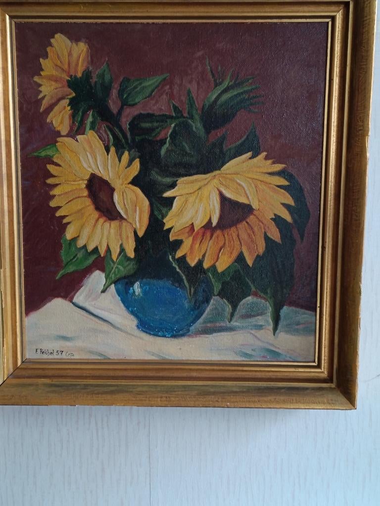 Schilderij zonnebloemen in vaas, Ophalen of Verzenden